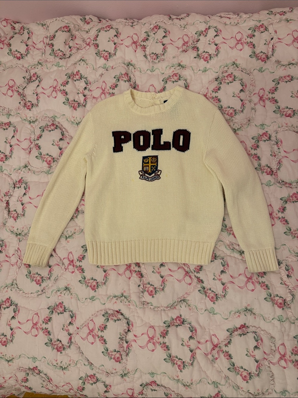 Polo by Ralph Lauren Cream Crewneck Sweater with Maroon Logo and Gold Crest girl